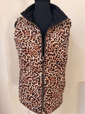 Chico's Leopard Print Quilted Vest with Black Trim